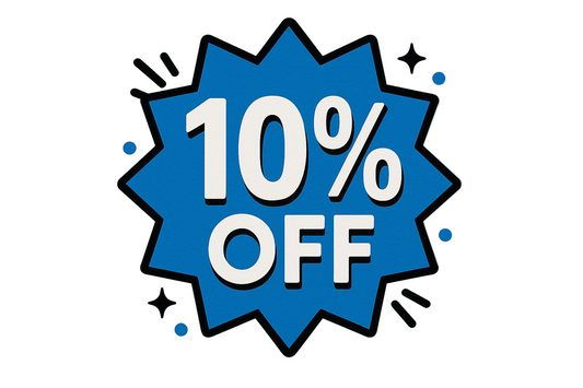 simbolo de 10%OFF, cor azul com detalhes em branco e preto