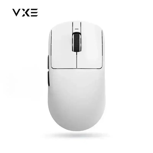 Minimalist white wireless computer mouse with black scroll wheel and side buttons, VXE logo