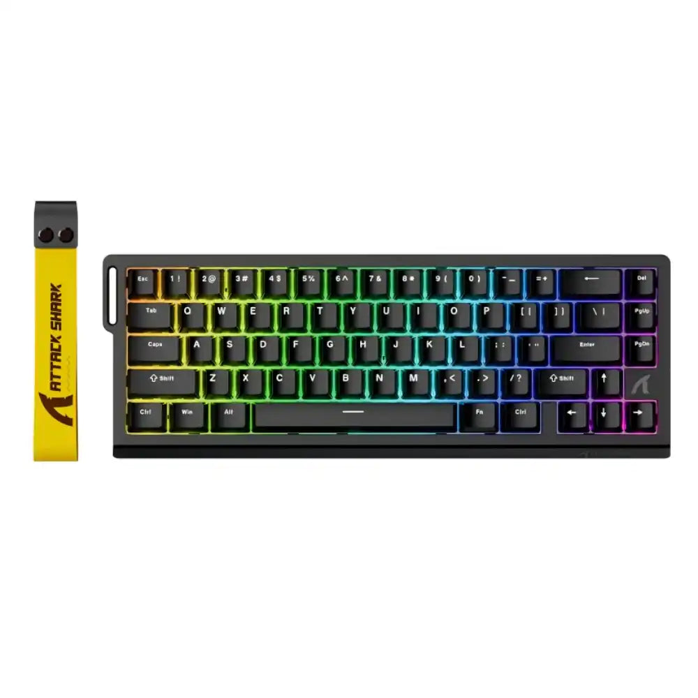 Compact mechanical keyboard with rainbow RGB backlight and yellow Attack Shark keycap puller