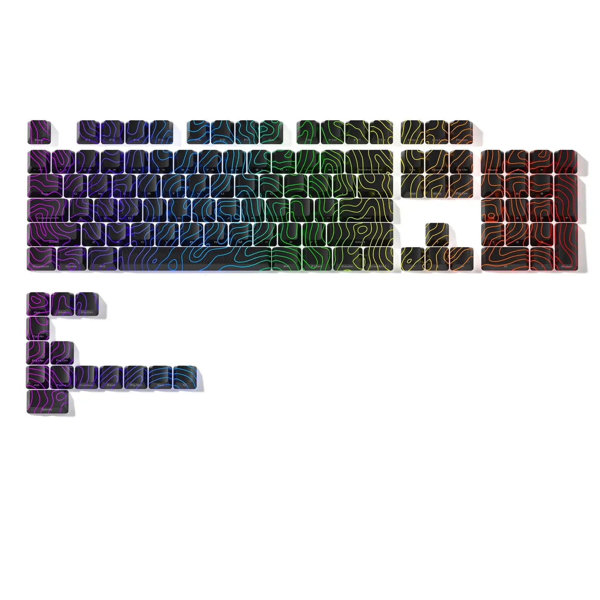 Colorful mechanical keyboard keycaps with topographic map design in gradient rainbow colors