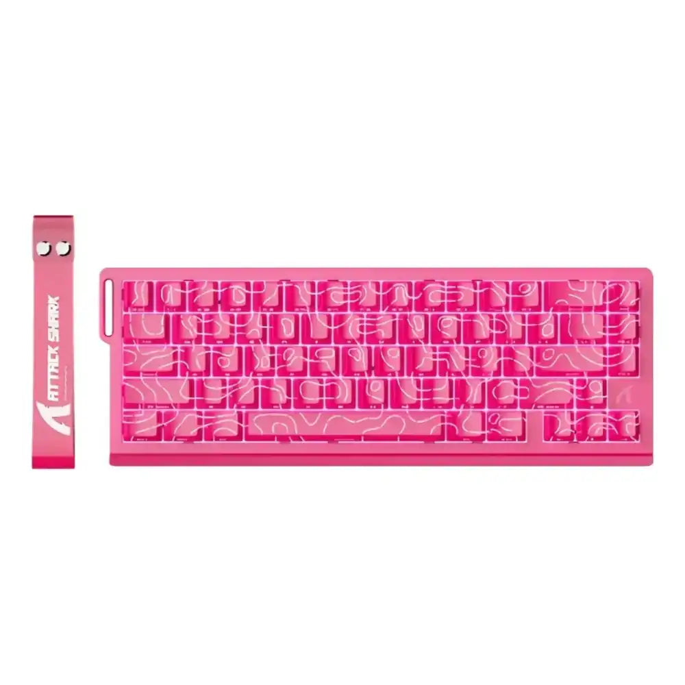 pink mechanical keyboard with abstract white line patterns and a matching pink keycap puller