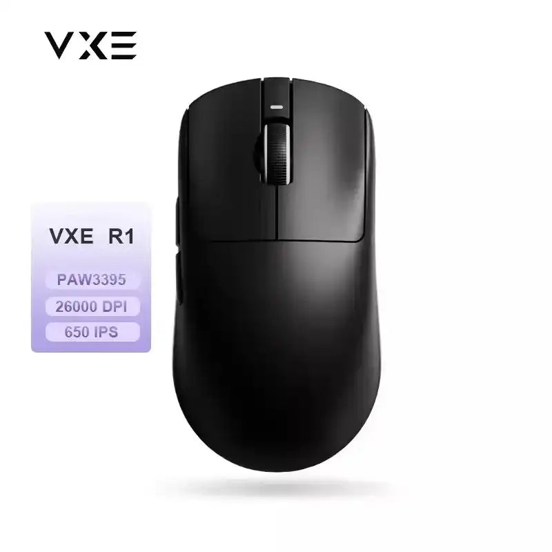 Black VXE R1 wireless gaming mouse with PAW3395 sensor, 26000 DPI, and 650 IPS on white background