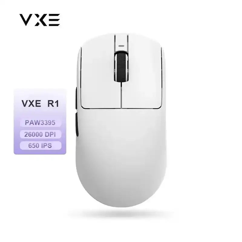 VXE R1 white gaming mouse with PAW3395 sensor, 26000 DPI, and 650 IPS, sleek design