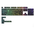 RGB mechanical keyboard keycaps with spider web patterns in rainbow colors on black keys