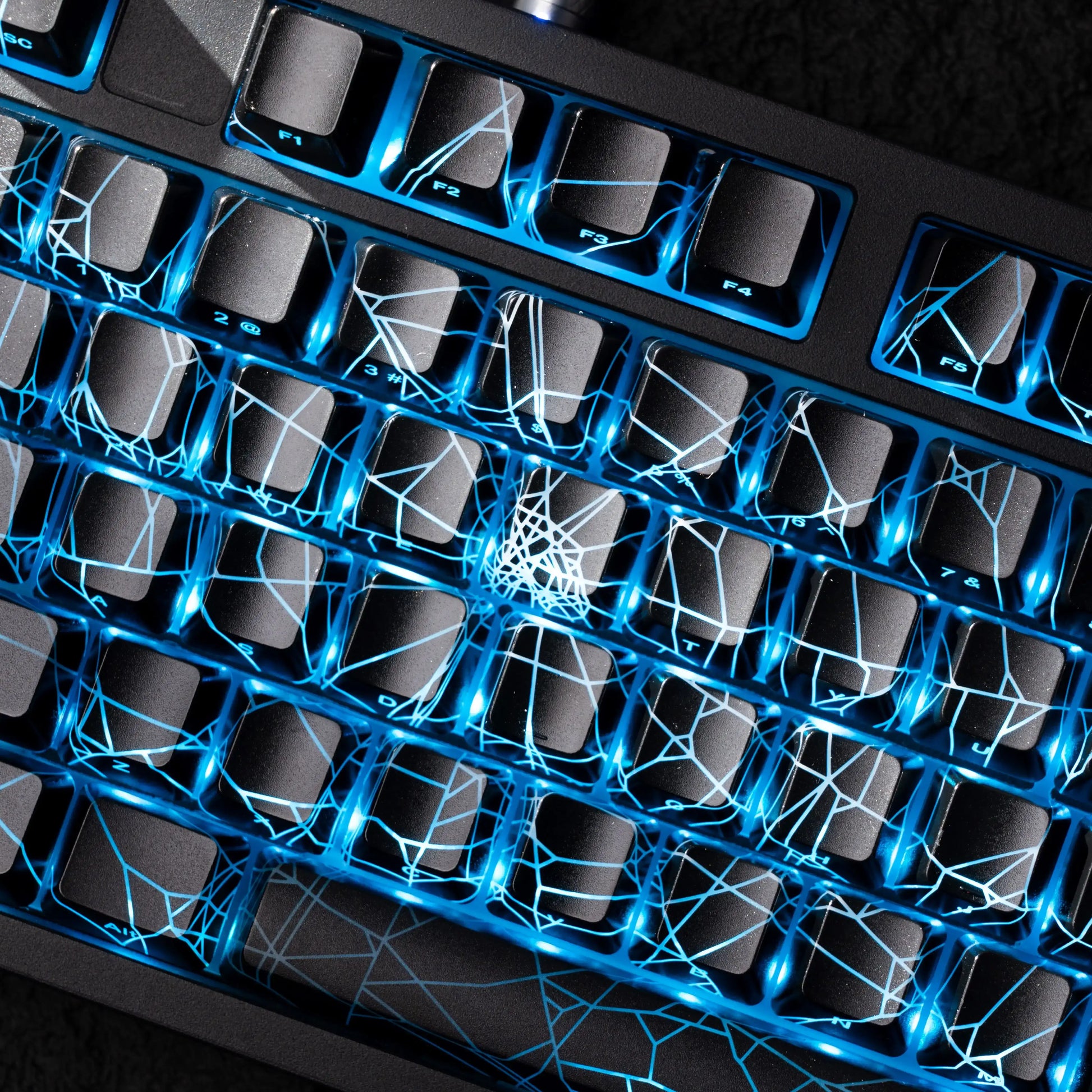Mechanical keyboard with black keycaps and blue spider web pattern backlighting