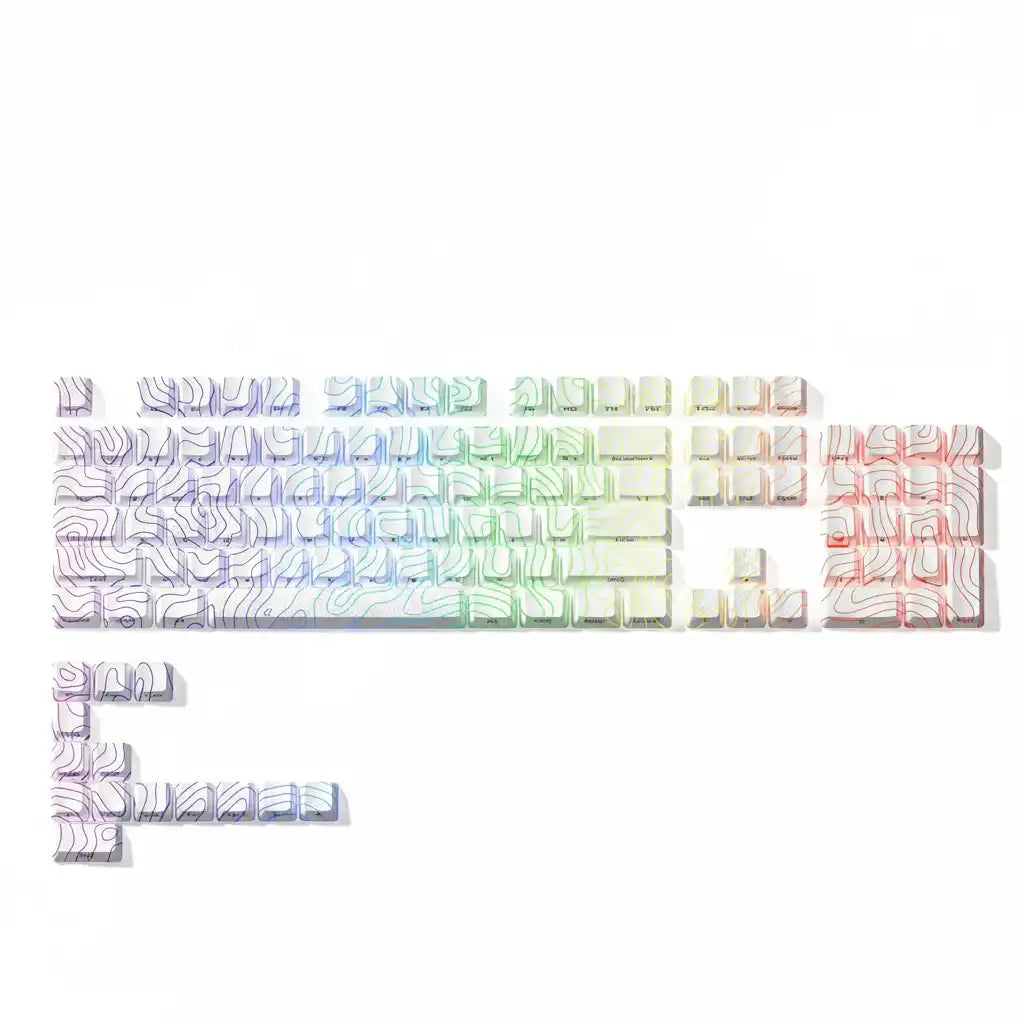 White computer keyboard keys with multicolor abstract wavy line patterns on a white background