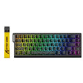 Compact mechanical keyboard with rainbow RGB backlit keys and yellow Attack Shark keychain