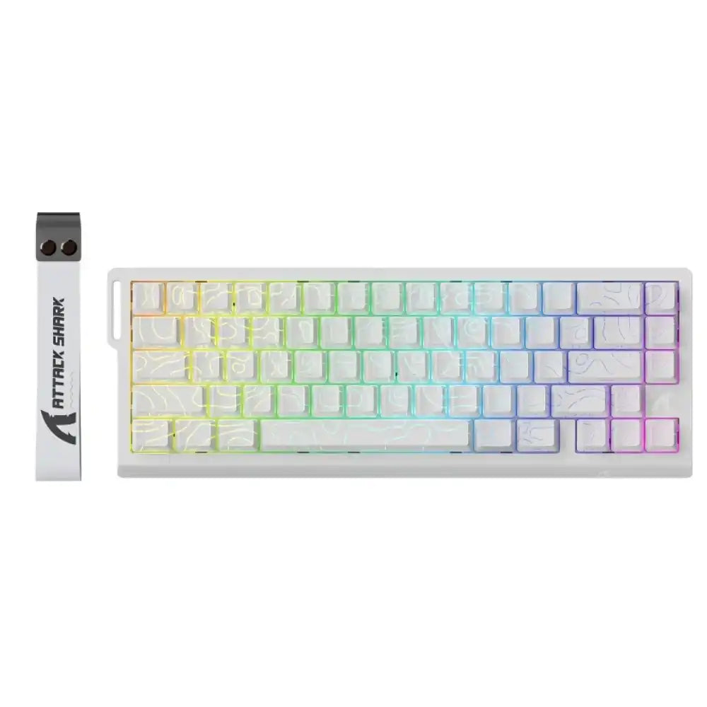 White mechanical keyboard with RGB backlighting and Attack Shark keycap puller tool