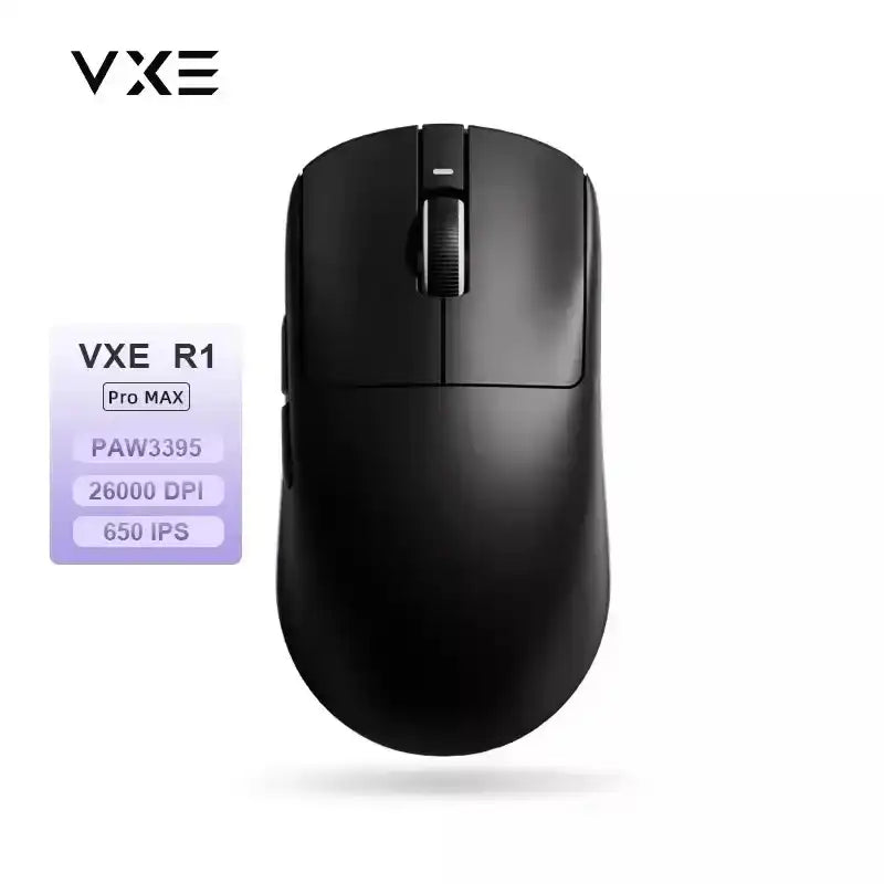 Black VXE R1 Pro MAX gaming mouse with PAW3395 sensor, 26000 DPI, and 650 IPS on white background