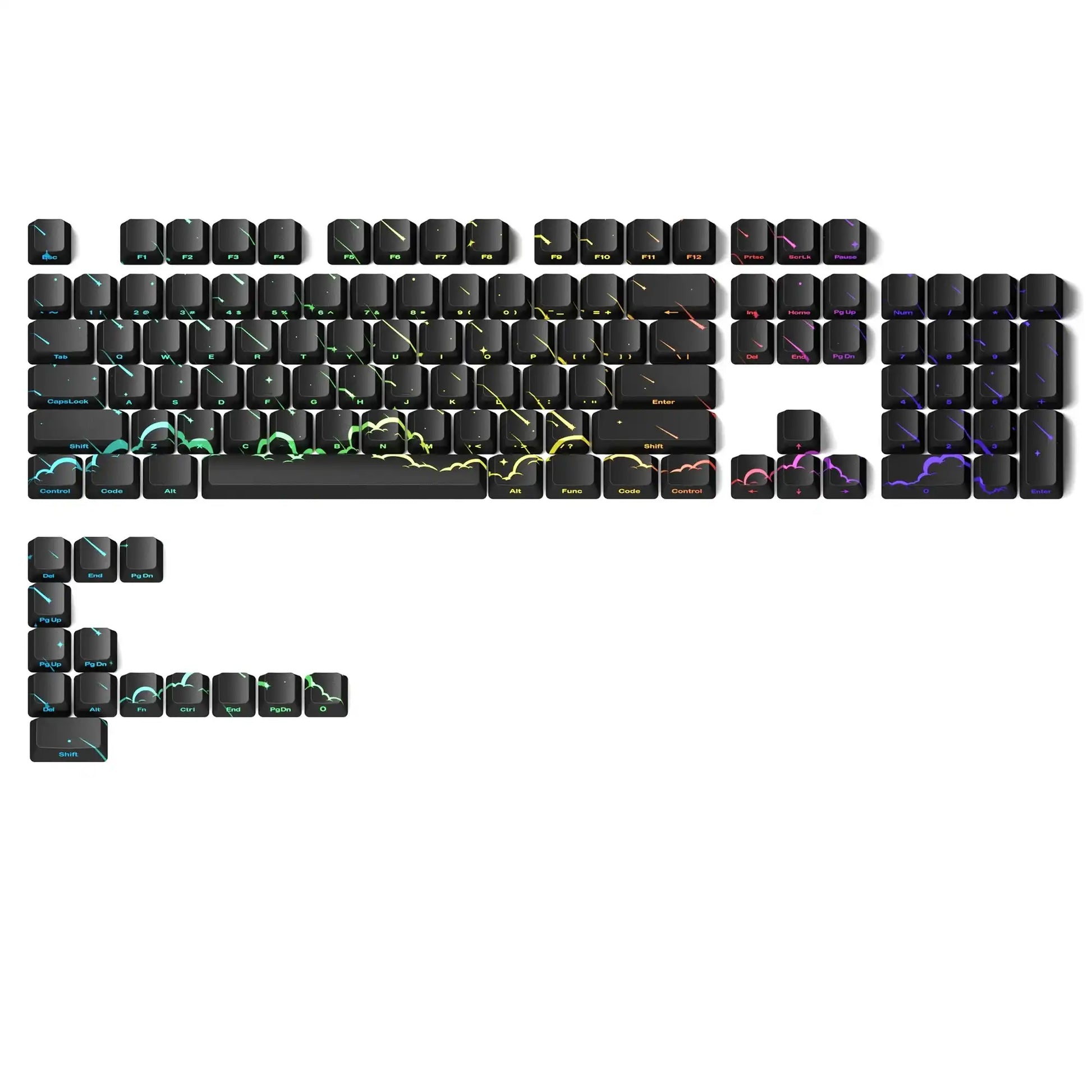 Black keyboard keycaps set with colorful cloud and star patterns, scattered layout on white background