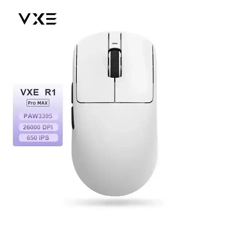 White VXE R1 Pro MAX gaming mouse with PAW3395 sensor, 26000 DPI, and 650 IPS features